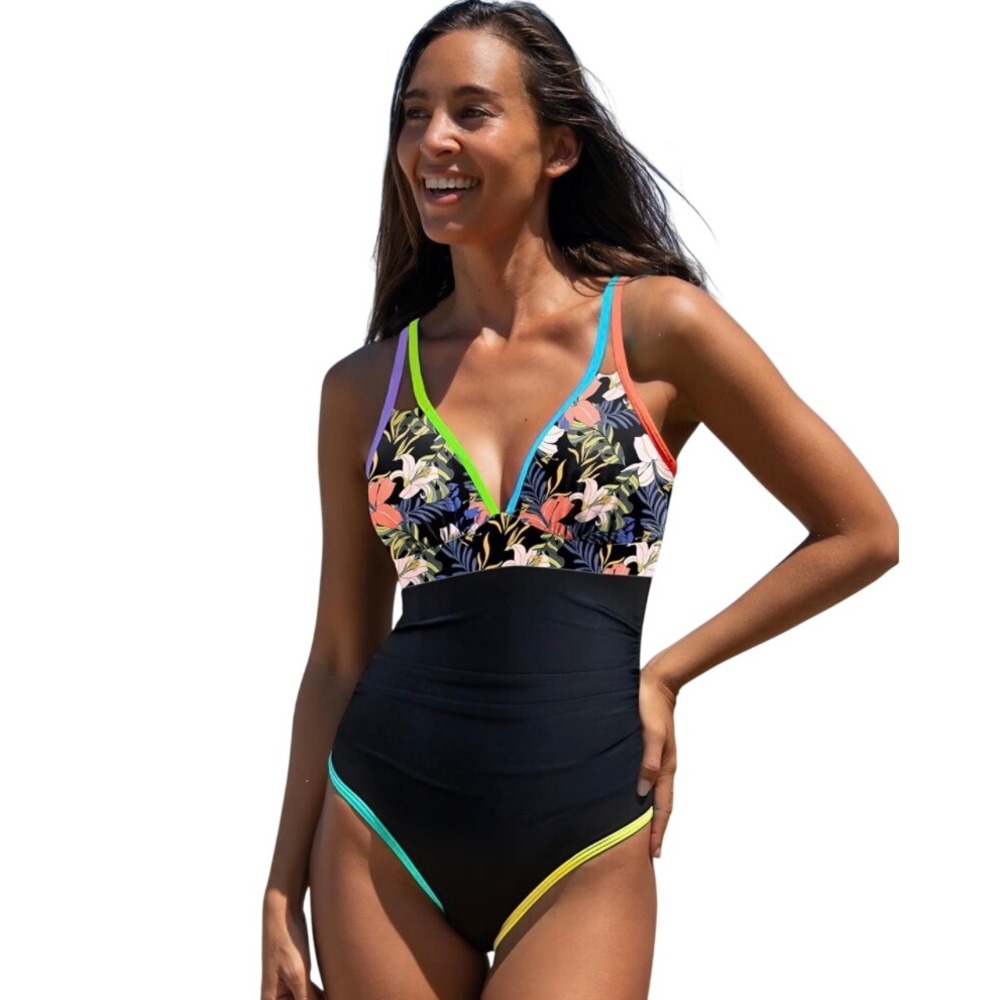 NWT Popvil One Piece Tummy Control Swimsuit Neon Color Block V Neck Large - Picture 2 of 7